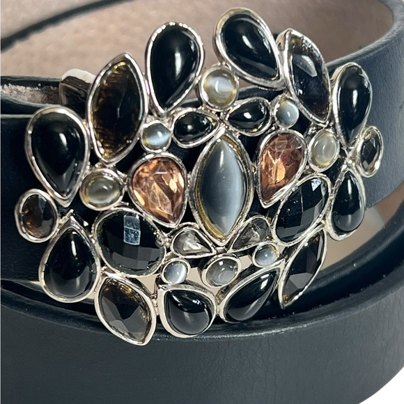 Vintage Liz Claiborne Genuine Leather Thin Black Belt Jeweled Buckle Boho Glam - Picture 2 of 5